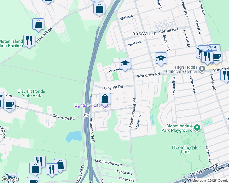 map of restaurants, bars, coffee shops, grocery stores, and more near 51 Sharrotts Lane in Staten Island