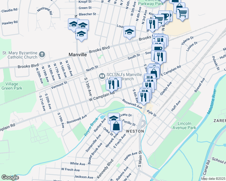 map of restaurants, bars, coffee shops, grocery stores, and more near 824 Roosevelt Avenue in Manville
