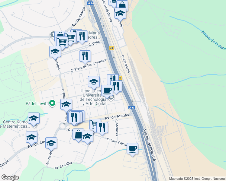 map of restaurants, bars, coffee shops, grocery stores, and more near 6 Calle Rozabella in Las Rozas de Madrid