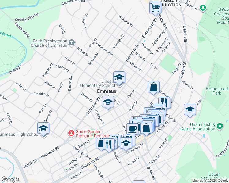 map of restaurants, bars, coffee shops, grocery stores, and more near in Emmaus