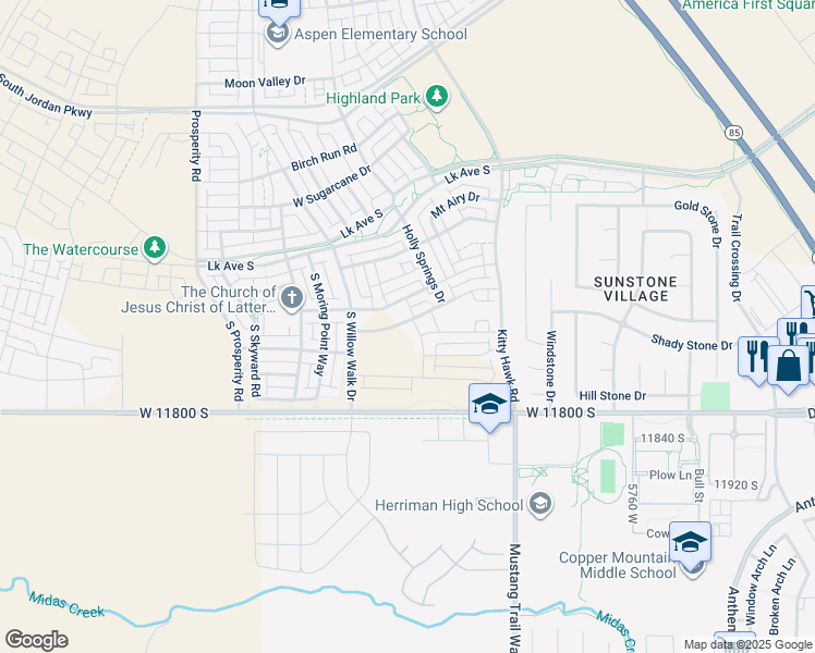 map of restaurants, bars, coffee shops, grocery stores, and more near 11654 South Gannett Way in South Jordan