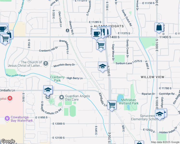 map of restaurants, bars, coffee shops, grocery stores, and more near 11660 South Shadow View Lane in Draper