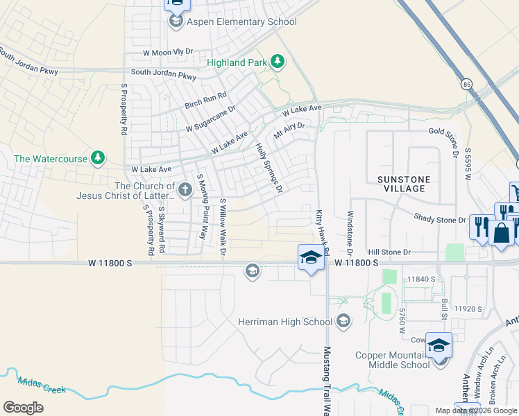 map of restaurants, bars, coffee shops, grocery stores, and more near 11654 South Gannett Way in South Jordan