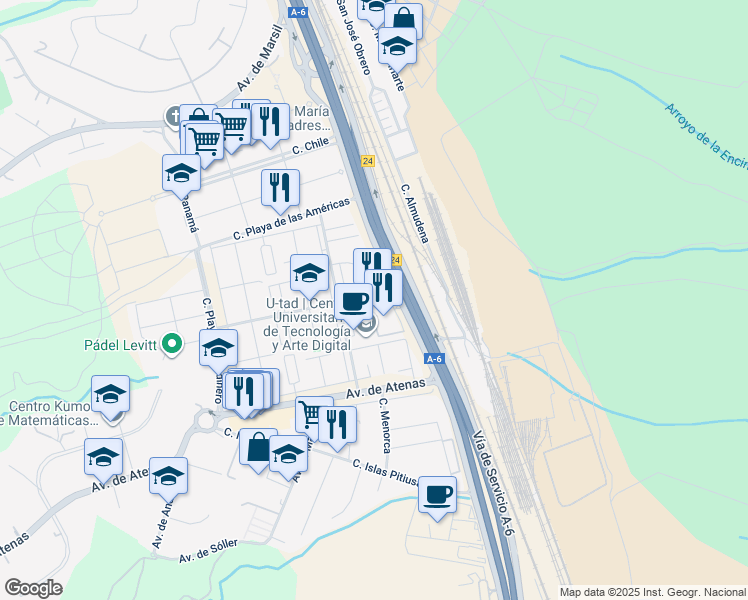 map of restaurants, bars, coffee shops, grocery stores, and more near 6 Calle Rozabella in Las Rozas de Madrid
