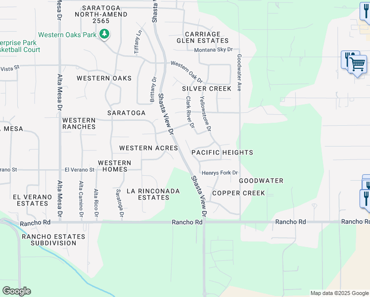 map of restaurants, bars, coffee shops, grocery stores, and more near 4660 Big Horn Drive in Redding