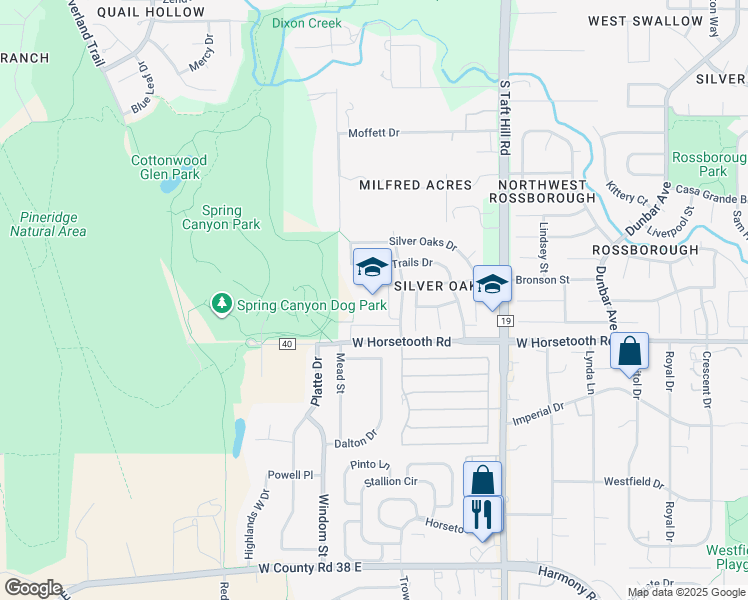 map of restaurants, bars, coffee shops, grocery stores, and more near 3401 Auntie Stone Street in Fort Collins