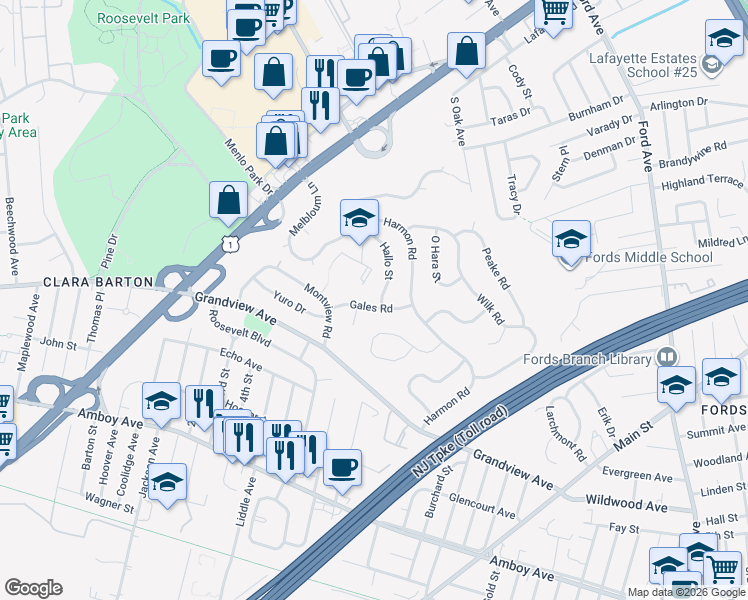 map of restaurants, bars, coffee shops, grocery stores, and more near 1 Hallo Street in Edison