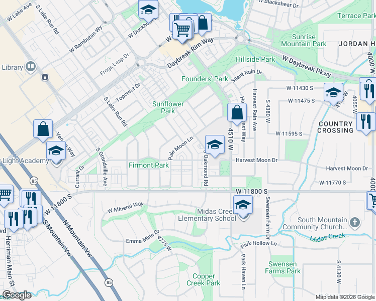 map of restaurants, bars, coffee shops, grocery stores, and more near 11676 Bluerock Avenue in South Jordan