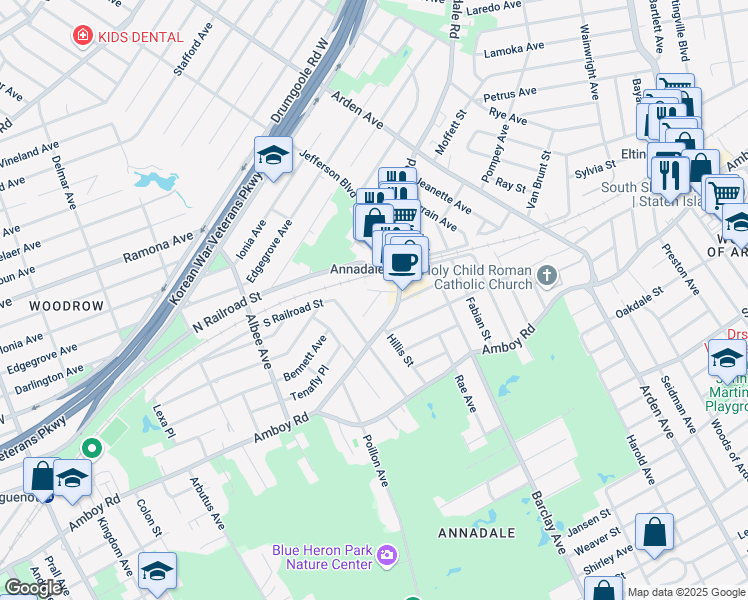 map of restaurants, bars, coffee shops, grocery stores, and more near 932 Annadale Road in Staten Island