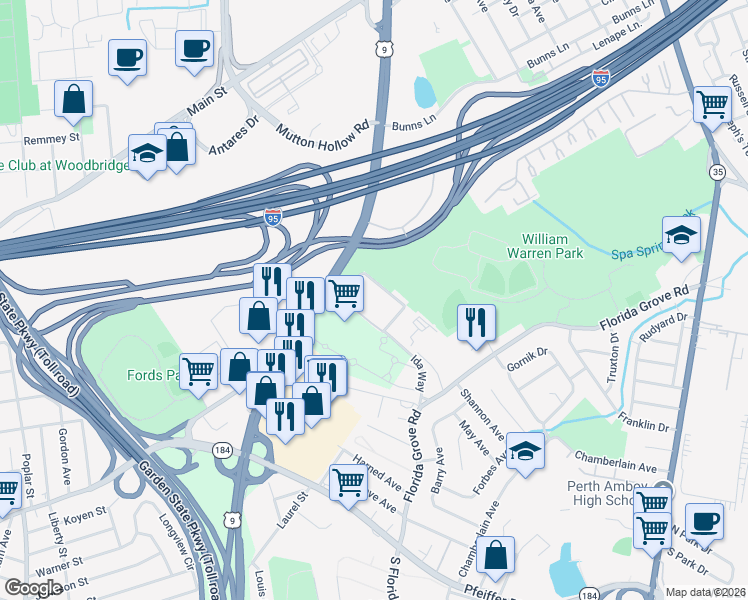 map of restaurants, bars, coffee shops, grocery stores, and more near 72 Pikeview Lane in Woodbridge Township