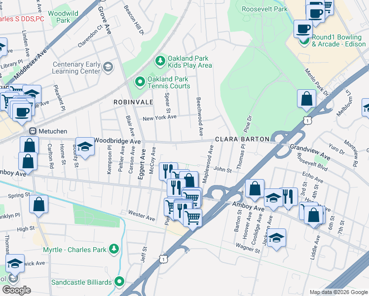 map of restaurants, bars, coffee shops, grocery stores, and more near 39 Woodbridge Avenue in Metuchen