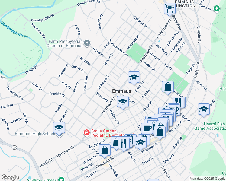 map of restaurants, bars, coffee shops, grocery stores, and more near 504 Liberty Street in Emmaus