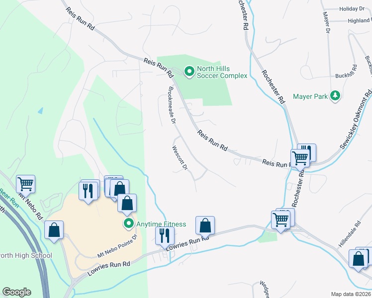 map of restaurants, bars, coffee shops, grocery stores, and more near 156 Brookmeade Drive in Pittsburgh