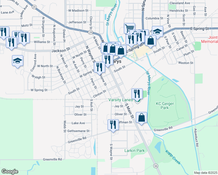 map of restaurants, bars, coffee shops, grocery stores, and more near 302 South Wayne Street in Saint Marys