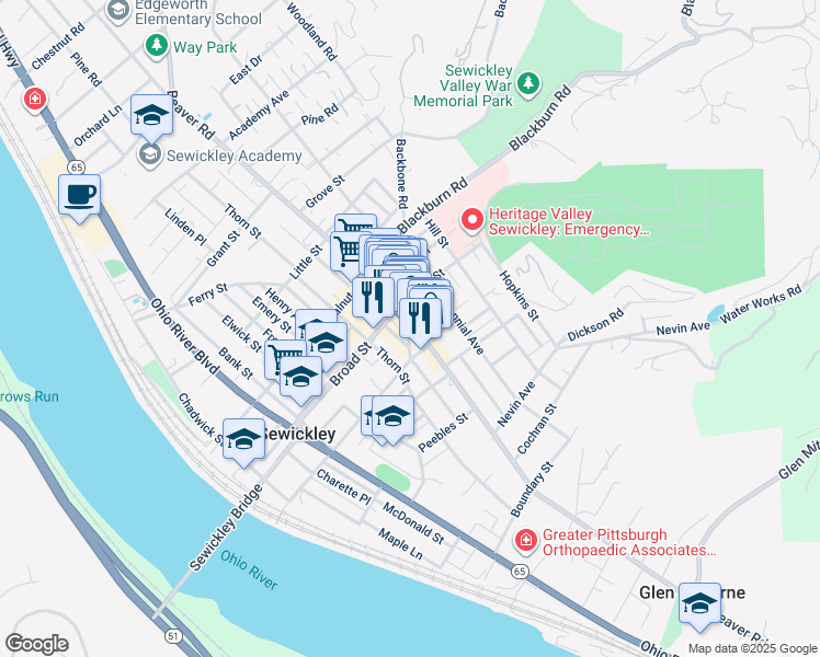 map of restaurants, bars, coffee shops, grocery stores, and more near 590 Beaver Street in Sewickley