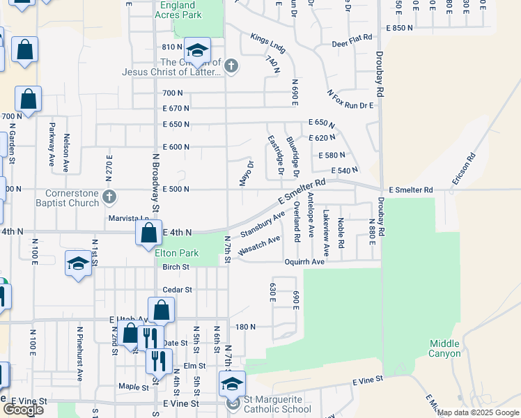 map of restaurants, bars, coffee shops, grocery stores, and more near 597 Smelter Road in Tooele