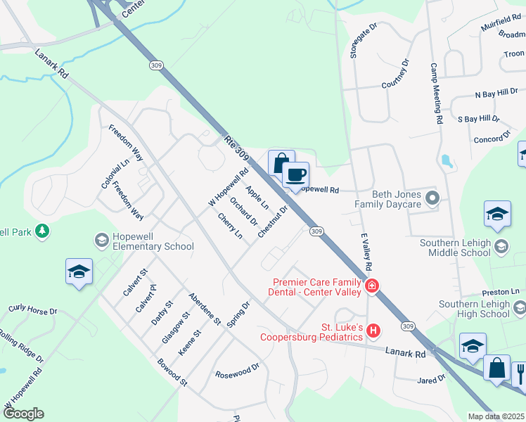 map of restaurants, bars, coffee shops, grocery stores, and more near 4866 Apple Lane in Lehigh County