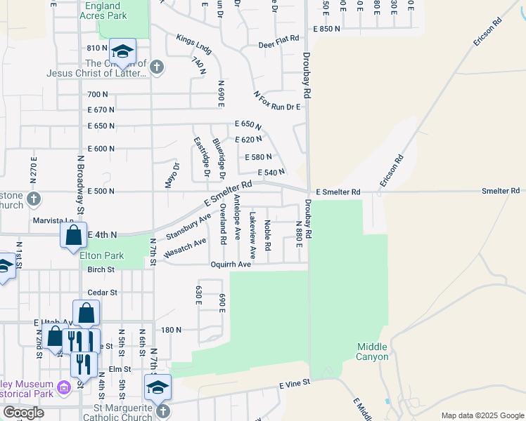 map of restaurants, bars, coffee shops, grocery stores, and more near 457 Noble Road in Tooele