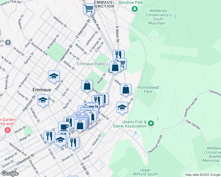 map of restaurants, bars, coffee shops, grocery stores, and more near 112 Main Street in Emmaus