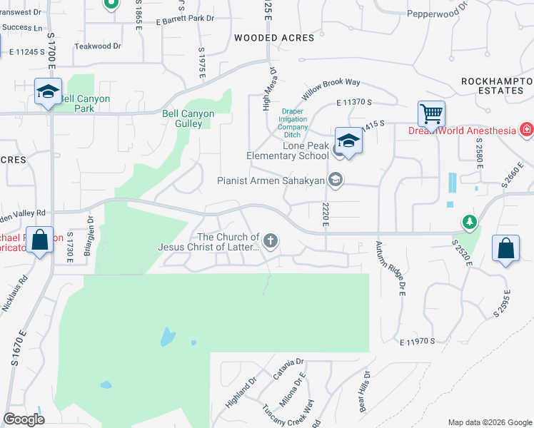 map of restaurants, bars, coffee shops, grocery stores, and more near 2122 Wasatch Boulevard in Sandy
