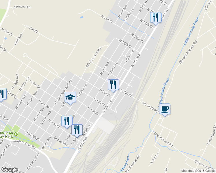 map of restaurants, bars, coffee shops, grocery stores, and more near 721 North 5th Avenue in Altoona