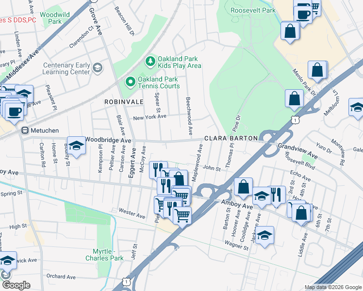 map of restaurants, bars, coffee shops, grocery stores, and more near in Metuchen