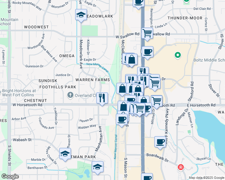 map of restaurants, bars, coffee shops, grocery stores, and more near 3450 Riva Ridge Place in Fort Collins