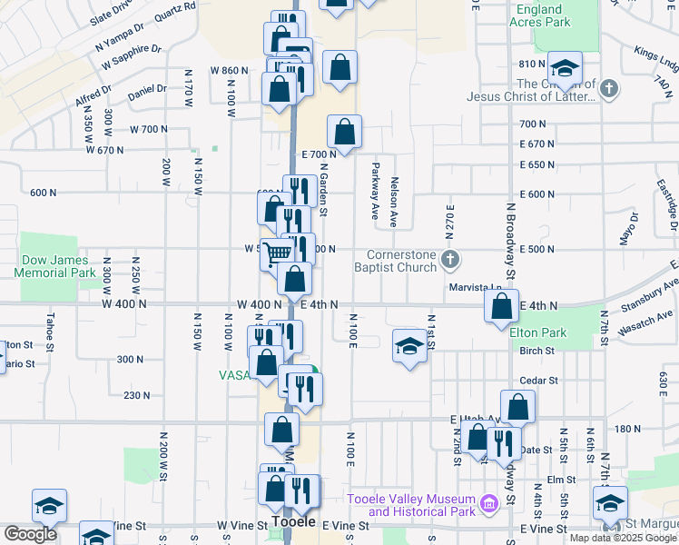 map of restaurants, bars, coffee shops, grocery stores, and more near 417 North 100 East in Tooele