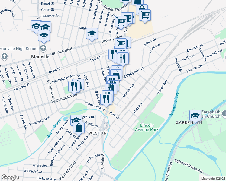 map of restaurants, bars, coffee shops, grocery stores, and more near 270 South Main Street in Manville