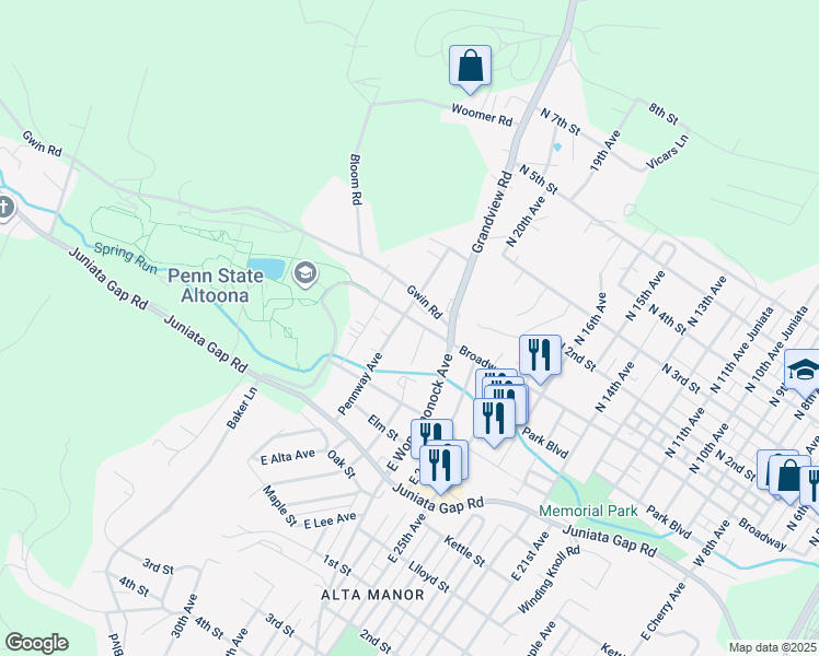map of restaurants, bars, coffee shops, grocery stores, and more near 519 E Penn Ave in Altoona