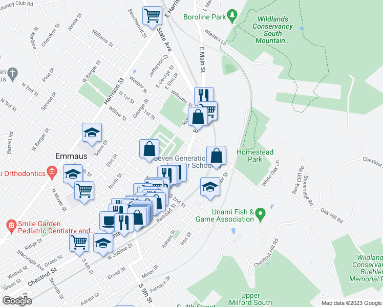map of restaurants, bars, coffee shops, grocery stores, and more near 141 Main Street in Emmaus