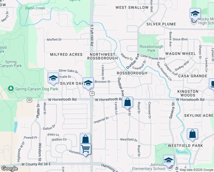map of restaurants, bars, coffee shops, grocery stores, and more near 1938 Churchill Court in Fort Collins