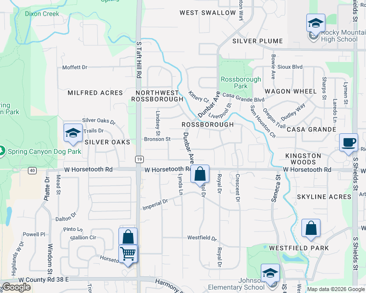 map of restaurants, bars, coffee shops, grocery stores, and more near 1904 Enfield Court in Fort Collins