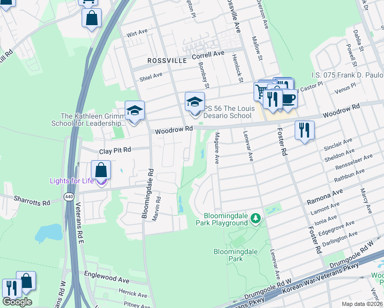 map of restaurants, bars, coffee shops, grocery stores, and more near 49 Brookside Loop in Staten Island
