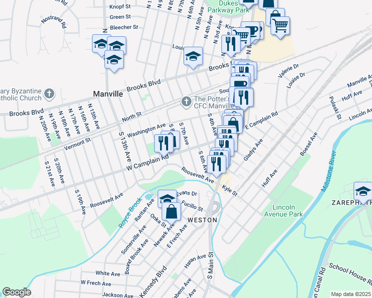 map of restaurants, bars, coffee shops, grocery stores, and more near 147 South 7th Avenue in Manville