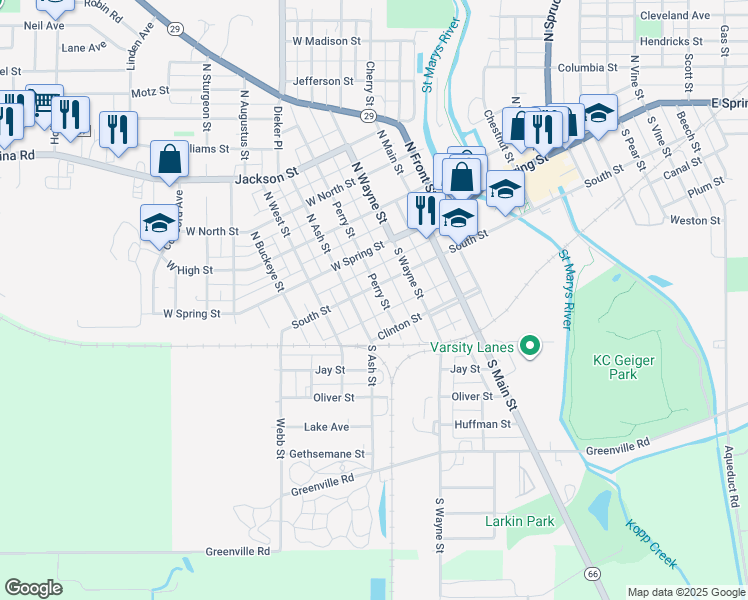 map of restaurants, bars, coffee shops, grocery stores, and more near 121 South Perry Street in Saint Marys