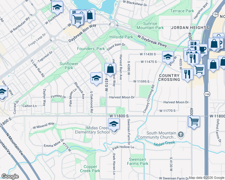 map of restaurants, bars, coffee shops, grocery stores, and more near 11646 Harvest Crest Way in South Jordan