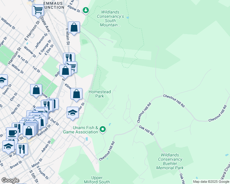map of restaurants, bars, coffee shops, grocery stores, and more near 100 White Oak Lane in Emmaus