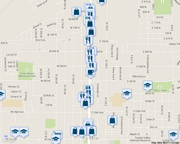 map of restaurants, bars, coffee shops, grocery stores, and more near 466 North Main Street in Tooele