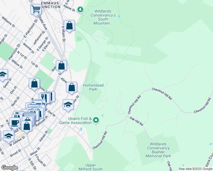 map of restaurants, bars, coffee shops, grocery stores, and more near 100 White Oak Lane in Emmaus