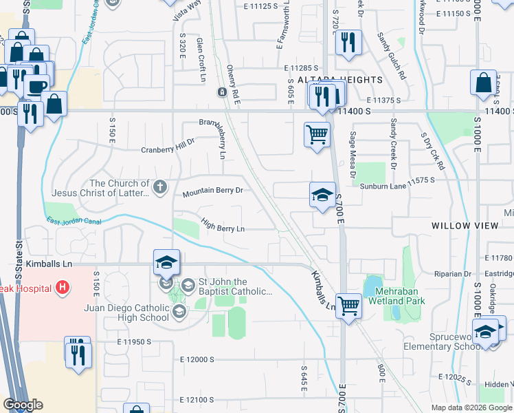 map of restaurants, bars, coffee shops, grocery stores, and more near 11623 Thornberry Drive in Draper