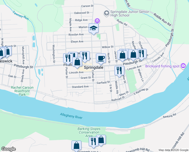 map of restaurants, bars, coffee shops, grocery stores, and more near in Springdale