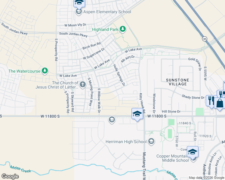 map of restaurants, bars, coffee shops, grocery stores, and more near 6154 West Sparrow View Drive in South Jordan