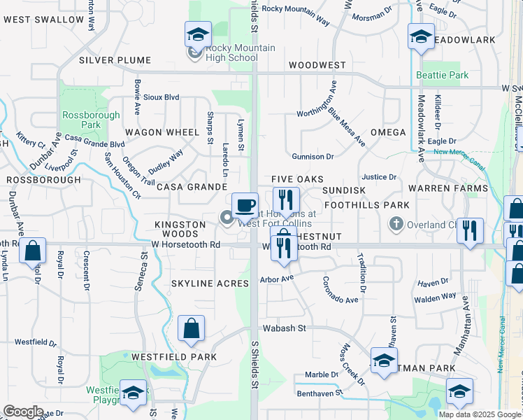 map of restaurants, bars, coffee shops, grocery stores, and more near 1025 Cunningham Drive in Fort Collins