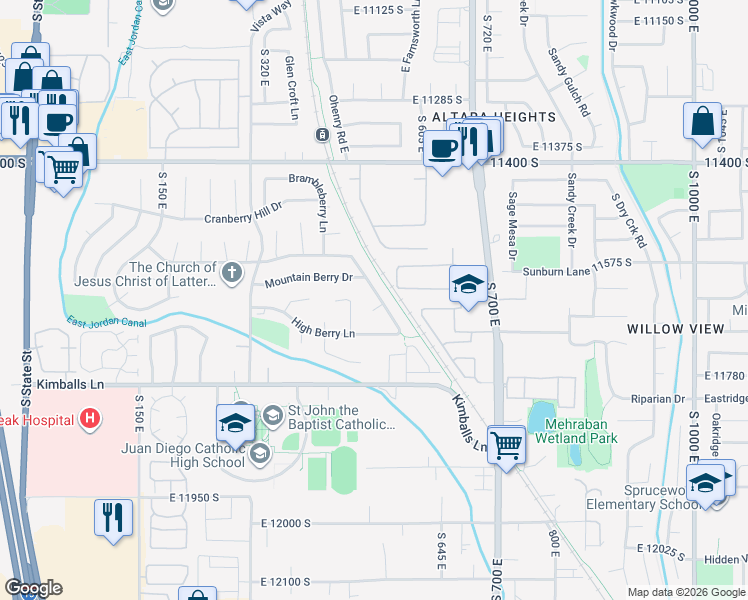 map of restaurants, bars, coffee shops, grocery stores, and more near 11623 Thornberry Drive in Draper