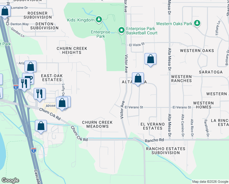 map of restaurants, bars, coffee shops, grocery stores, and more near 4612 Columbine Drive in Redding