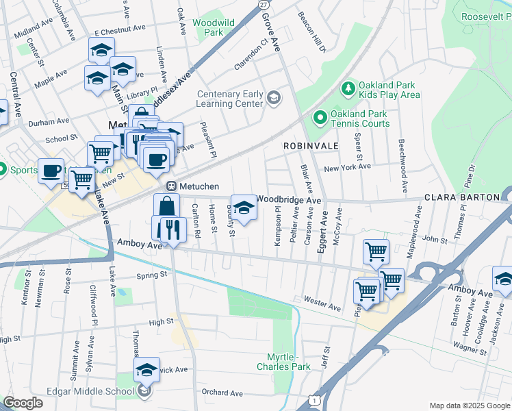 map of restaurants, bars, coffee shops, grocery stores, and more near 12 Homer Place in Metuchen