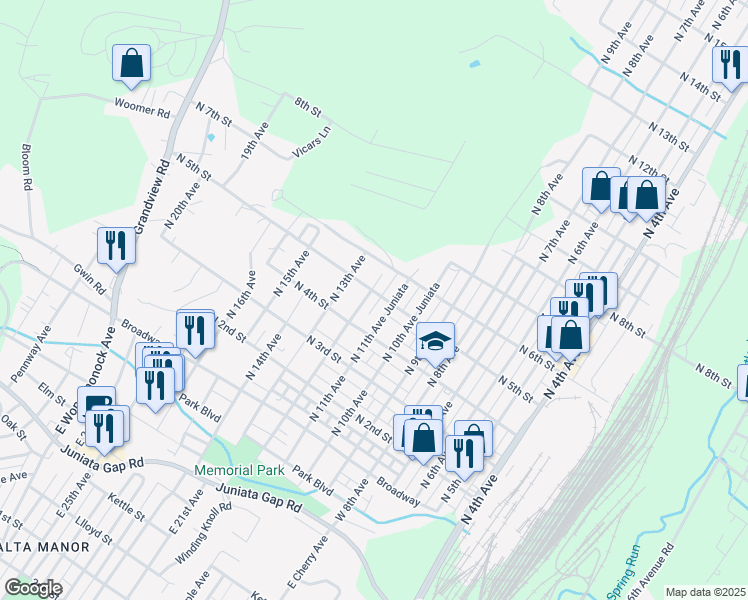 map of restaurants, bars, coffee shops, grocery stores, and more near 501-515 North 12th Avenue in Altoona
