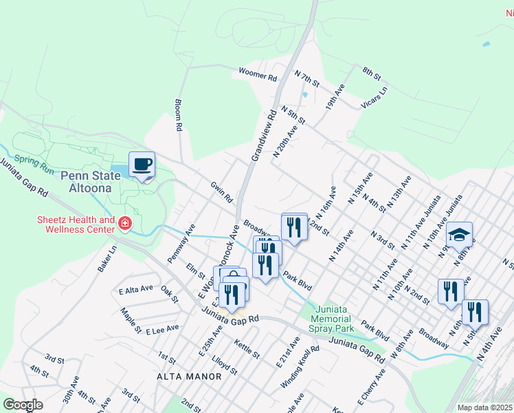 map of restaurants, bars, coffee shops, grocery stores, and more near 801-899 East Wopsononock Avenue in Altoona