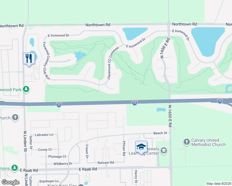 map of restaurants, bars, coffee shops, grocery stores, and more near 714 Clairidge CC Court in Normal